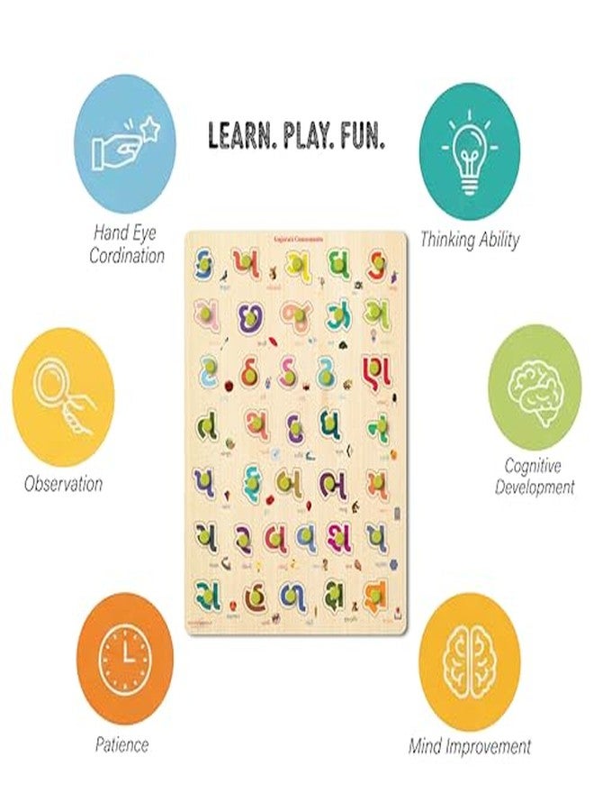 Khilonewale Wooden Knob Puzzle in Gujarati Language for Kids Age 3+ | 9x12 Inch Educational Alphabet & Word Learning Board | Montessori Early Learning Toy | Safe, Durable Wooden Puzzle (Gujrati Consonant) - Image 4